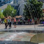 Dancers in aerobic exercise outfits near fountain on Pedmall