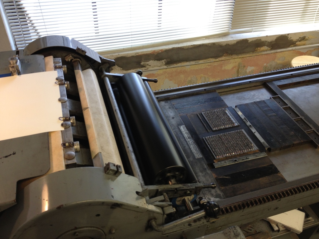 Image of a textblock ready for printing on the Vandercook Press